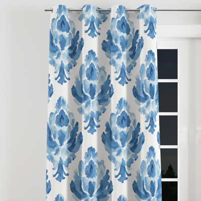 Boho Room Darkening Curtains - Contemporary Boho Blue And White Cloud Ikat Grommet Curtain - 1 Panel