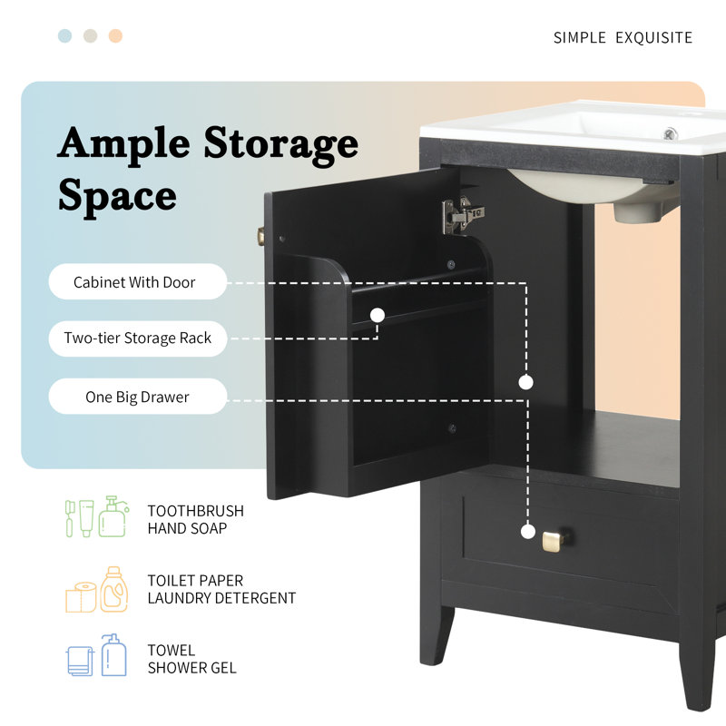 Meuble-lavabo de 20 po avec lavabo, porte à fermeture douce, support de rangement et tiroir - noir, Noir / argenté