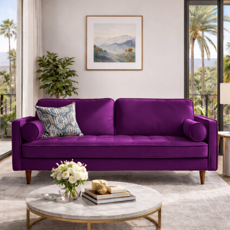 Alden 70" Square Arm Velvet Sofa, Purple