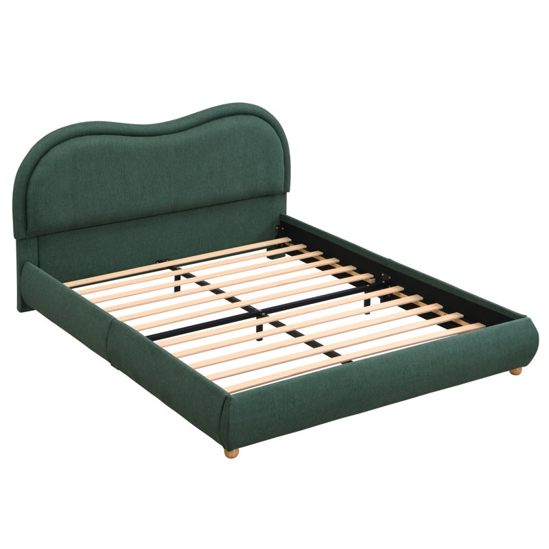 Structure de lit plateforme grand tapissier avec tête de lit arrondie à coins arrondis, lattes en bois, pieds en bois de chêne massif, tissu chenille, aucun sommier requis, assemblage facile, vert olive