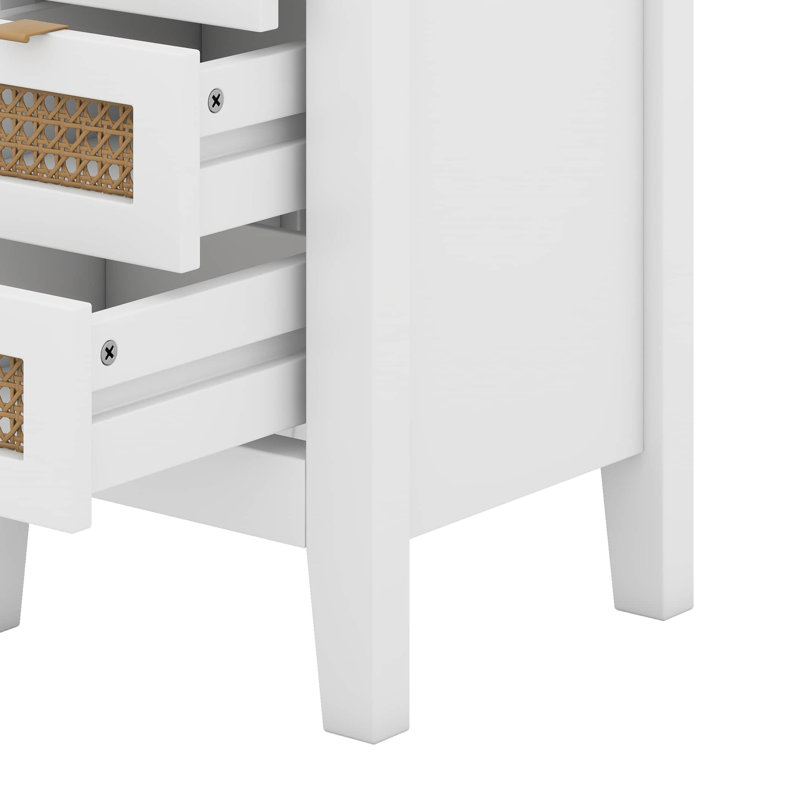 Wooden Nightstands Set Of 2 With Rattan-Woven Surfaces And Three Drawers