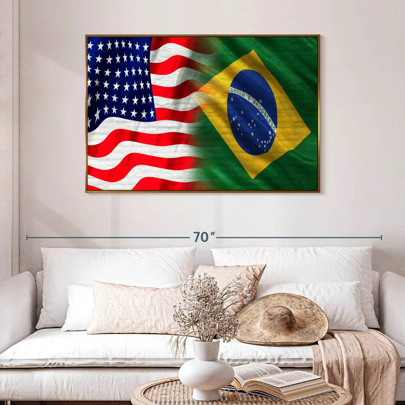 Drapeau des États-Unis et du Brésil, 46 po x 31 po, Cadre flottant doré