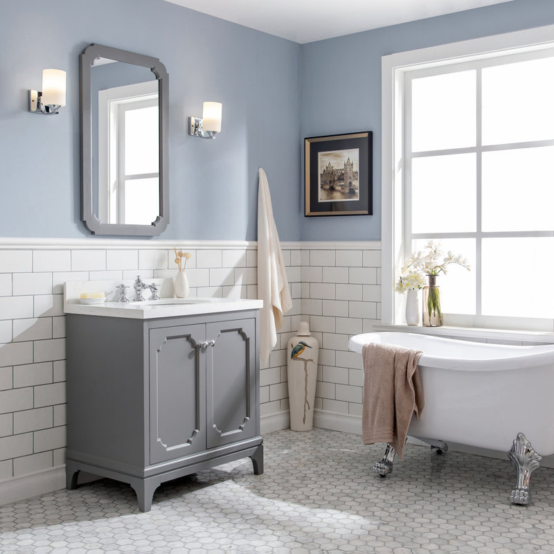 Queen 30" Sink Carrara Quartz Countertop Bath Vanity with Faucet, Pure White, Waterfall
