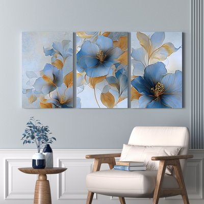 3-pièces de pivoines bleues et dorées, impression sur toile