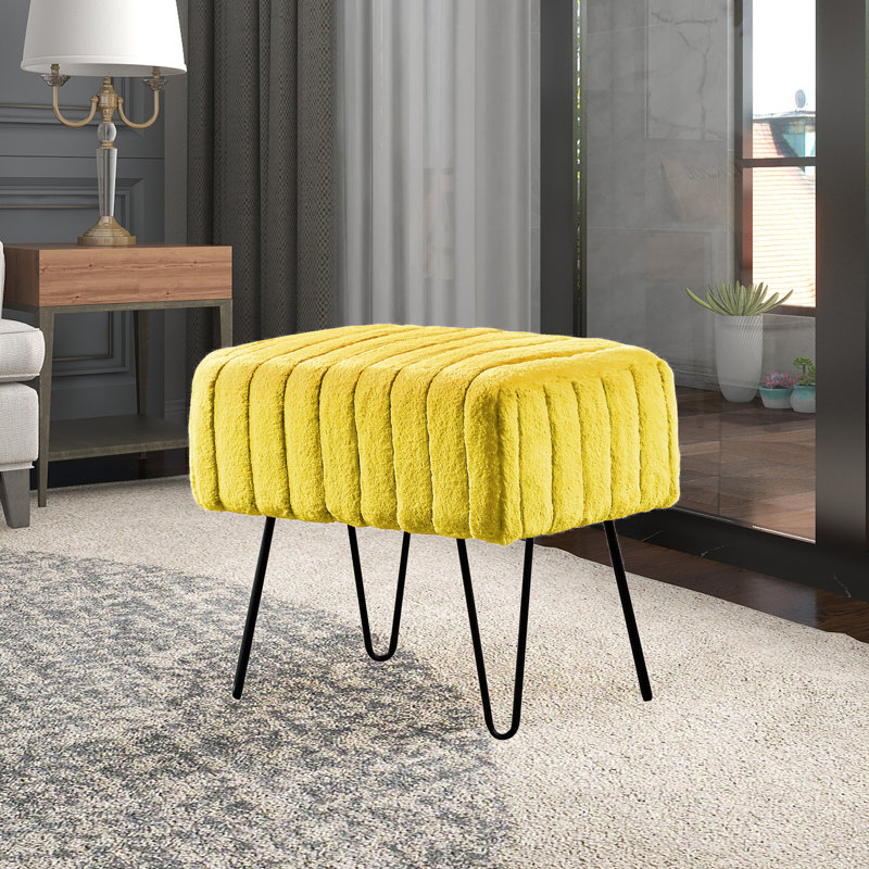 Defranco Upholstered Ottoman, Lemon Curry Faux Fur