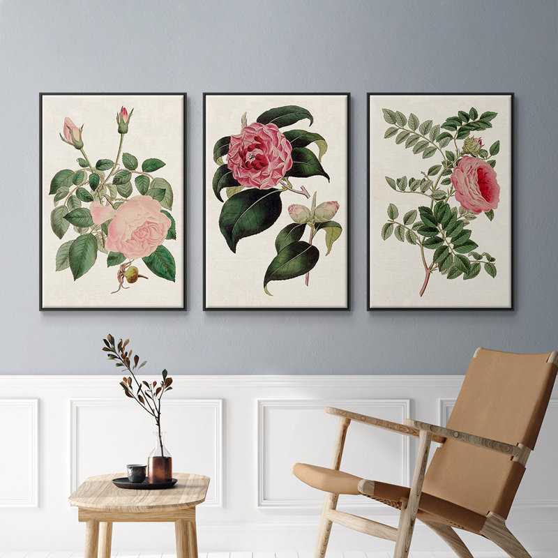 «Pink Floral Mix I», ensemble de 3 reproductions sur toile, Noir, H 36 po x l 72 po