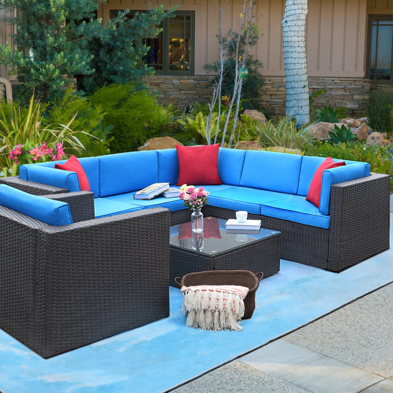 Ensemble de conversation modulaire en rotin 7 pièces avec coussins Tuscarora