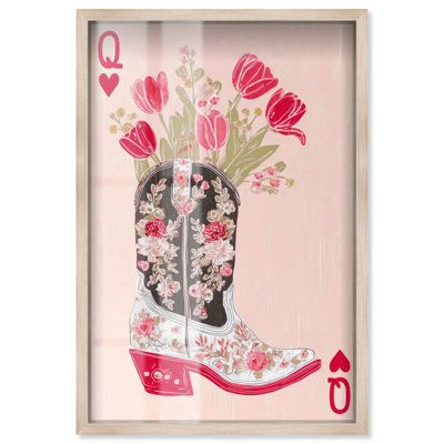 Tulips Cowgirl Boot Card Pink Shadowbox Print Pink Wall Decor by Art Remedy, Blonde Frame, 37 x 55