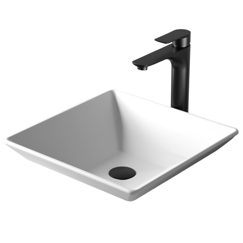 Karran Quattro Matte White Acrylic 16 In. Square Bathroom Vessel Sink With Faucet and Drain, Matte Black, Matte Black