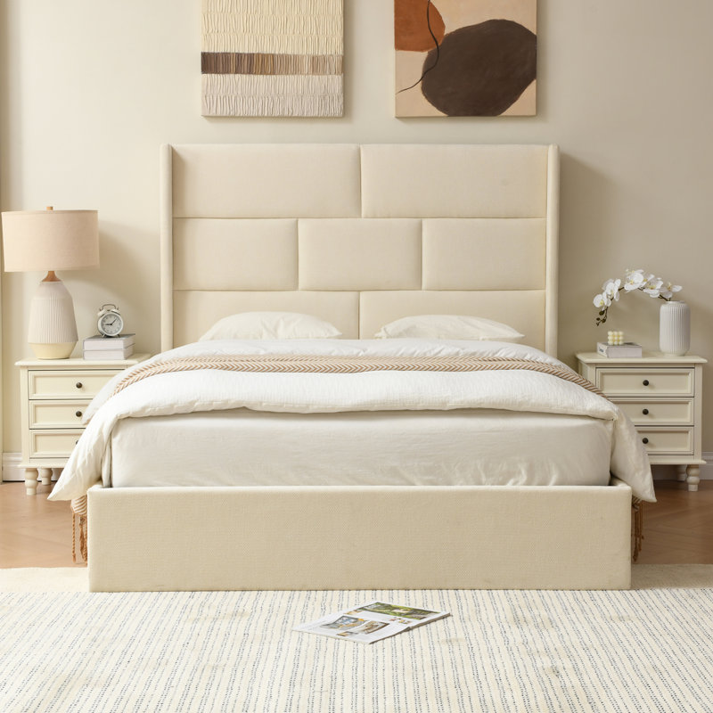 Lit tapissier hydraulique avec tête de lit Braya, Crème, Grand