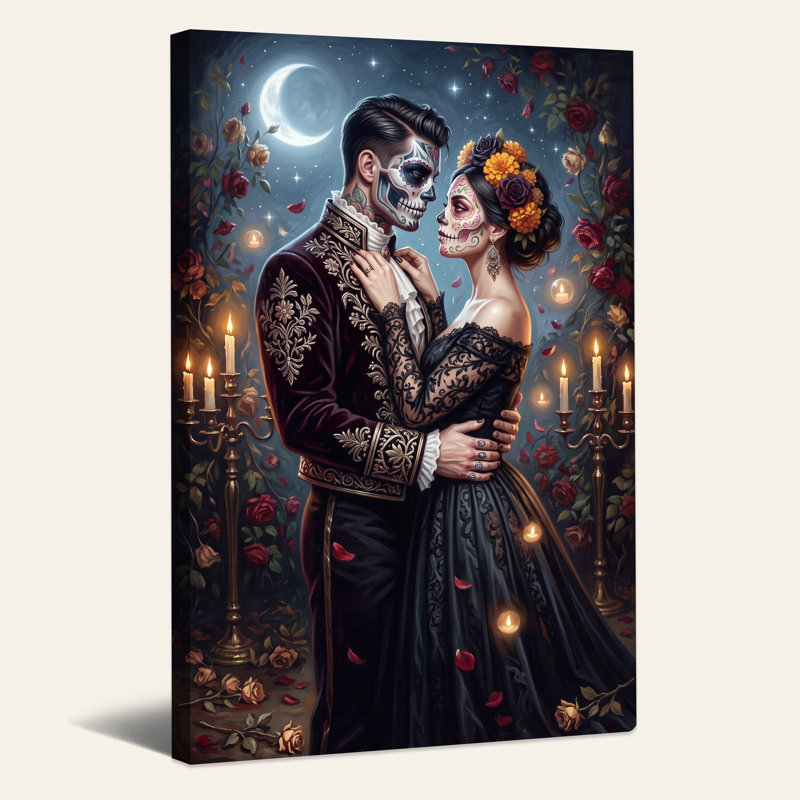 «Sugar Skull Couple Embraces in Candlelit Roses», art mural sur toile, H 24 po x l 16 po