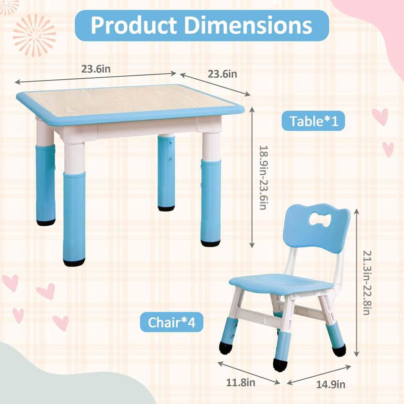 Ensemble de table et de chaises pour enfants, bureau à hauteur réglable avec 4 sièges pour les enfants de 2 à 10 ans, table de bricolage