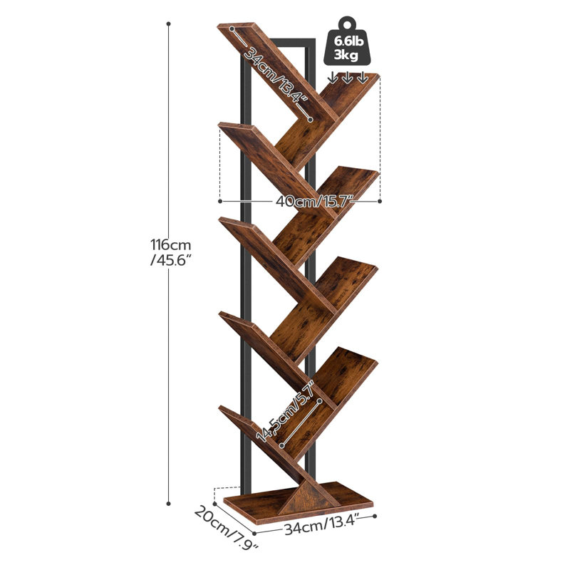Rustic Brown 9-Tier Tree Bookshelf with Metal Frame