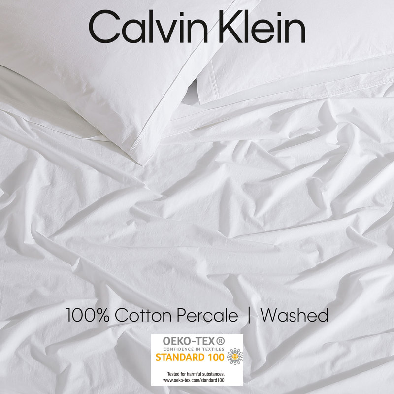 Calvin Klein Washed Cotton Percale Sheet Set, White, King Sheet Set with 2 Pillowcases