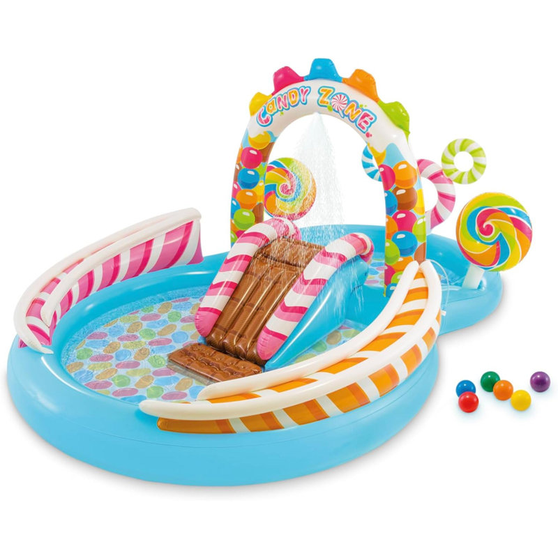 Candy Zone Inflatable Kiddie Pool: Inflatable Kids Pool With Water Sprayer And Slide – Splash Pad