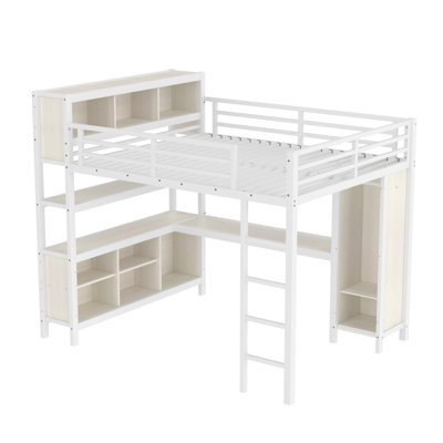 Queen Metal Loft Bed with Wardrobe, L-Shaped Desk, Storage Shelves & Cubes, Heavy Duty Loft Bed for Teens/Kids