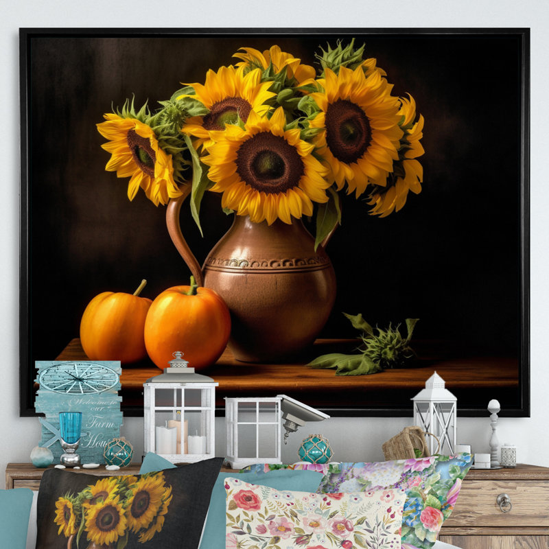 Tournesol doré nature morte II, H 30 po x l 40 po x P 1,5 po, Cadre flottant noir