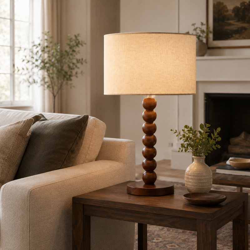 Lampe de table effilée en bois de noyer massif 17,5 "avec abat-jour tambour en lin, lampe de chevet moderne avec base E26 pour chambre à coucher, salon