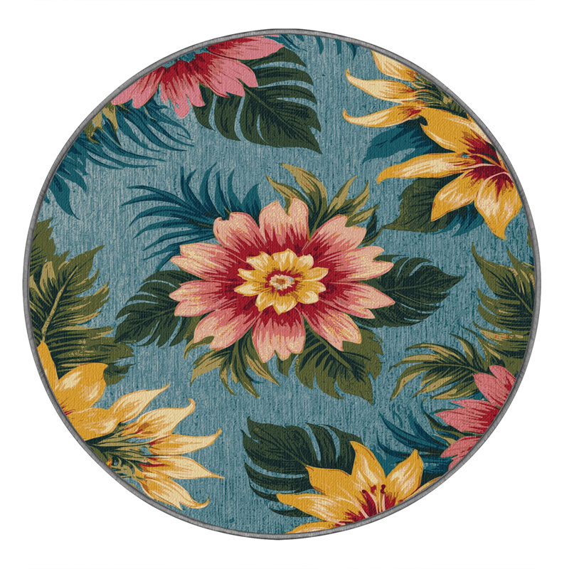 Washable Flower Brights Hawaiian Area Rug, Round 7'