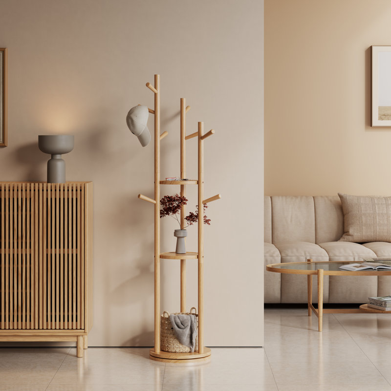Portemanteau rotatif en bois massif avec 3 tablettes de rangement et 9 crochets, Tanné