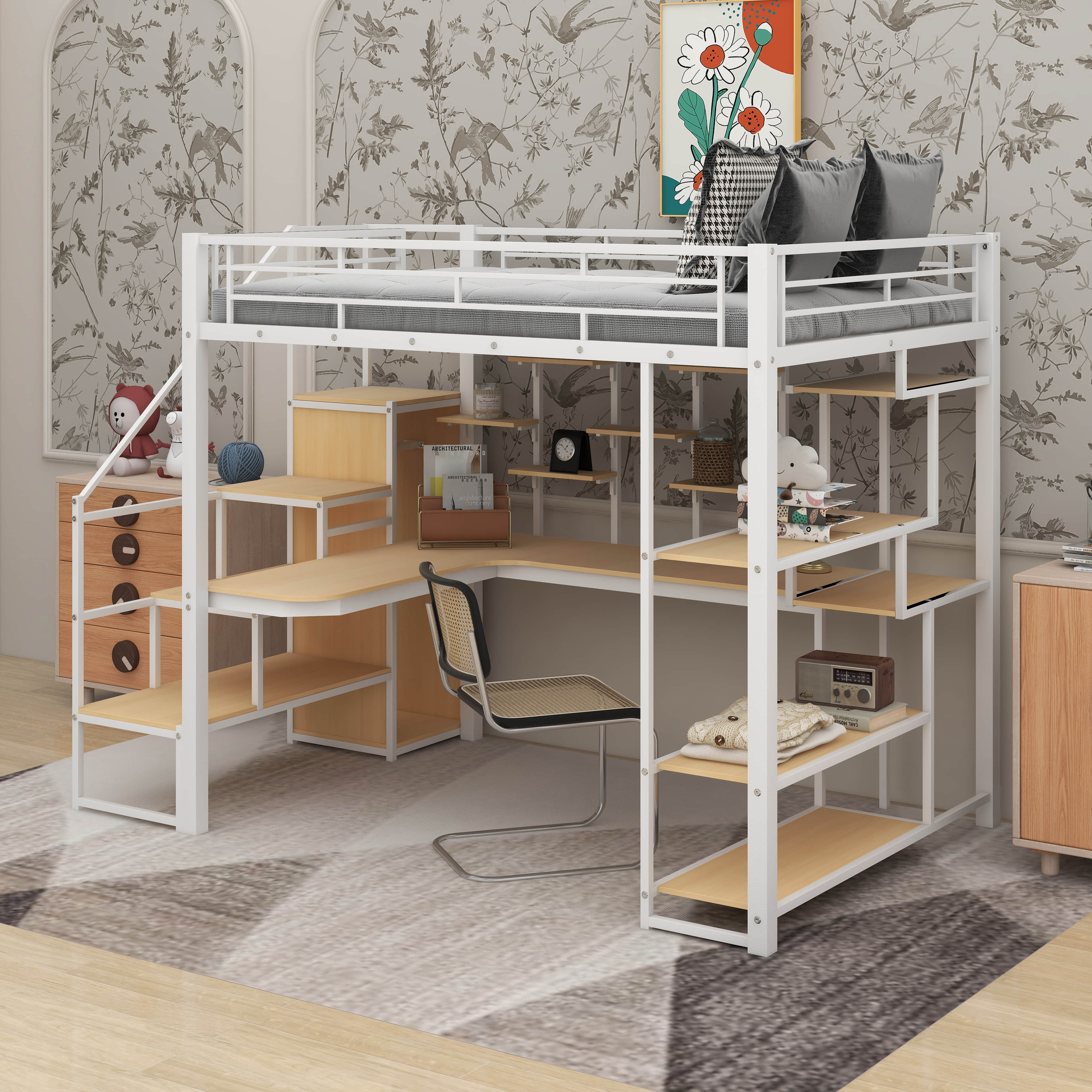 17 Stories Full Size Metal Loft Bed With Storage Staircase And Small