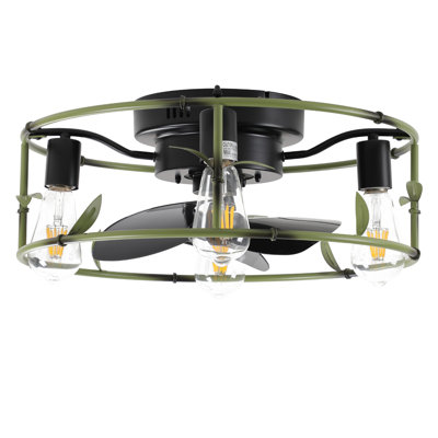 19" Green Industrial Ceiling Fan With Light - Flush Mount Caged Ceiling Fan With Remote, 3-Light Rustic Ceiling Fan, Silent 6-Speed Reversible DC Motor For Bedroom, Living Room (Bulb Not Included)
