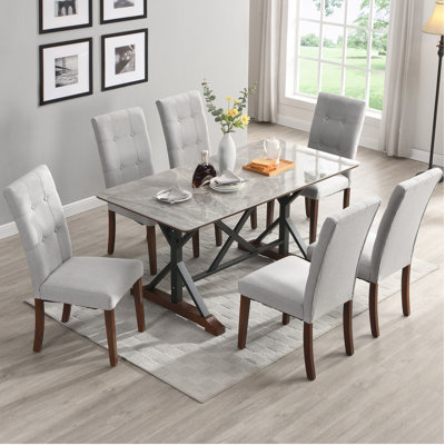 Modern Dining Table For 6-8, 7 Piece Kitchen Dining Table Set, Gray Sintered Stone Dining Table With 6 Tufted Upholstered Chairs, 63-Inch Rectangle Di -  August GroveÂ®, E8FC3D54AA1F4C1FA5E305E32DDB79D7