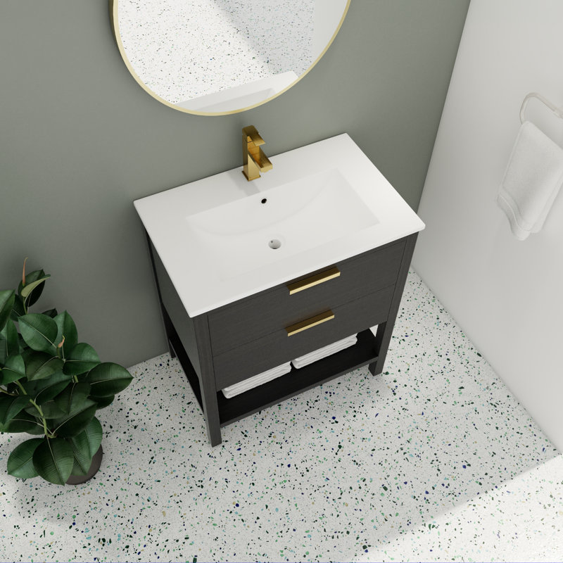 Meuble-lavabo simple 30,47 po avec plateau en céramique Nazier, Or