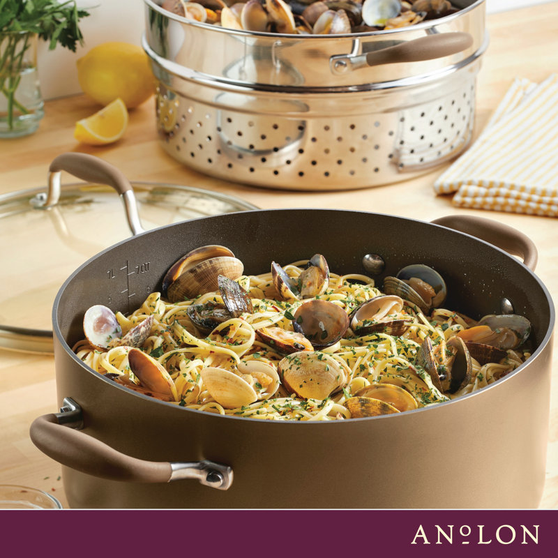 Anolon Advanced Home Hard Anodized Nonstick Wide Stockpot With Steamer Insert Set, 3-Piece,  8.5-Quart, Brown