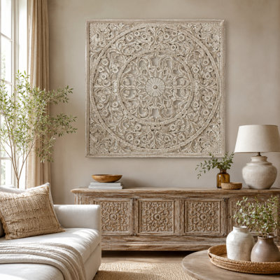 Handcrafted Wooden Wall Art 48 x 48 Inches Large Mandala Carved Wall Decor Decorative Wooden Wall Panel for Living Room, Bedroom, Entryway & Office