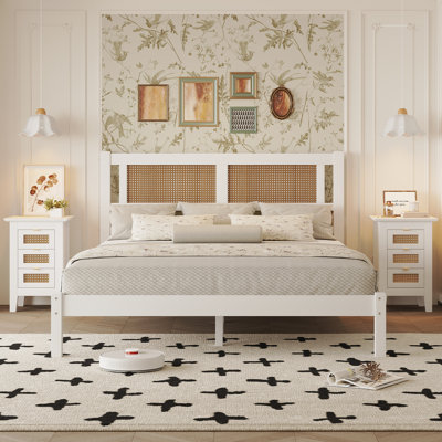  Ensemble de chambre à coucher grand lit 3 pièces avec tête de lit en rotin et tables de chevet élégantes, blanc