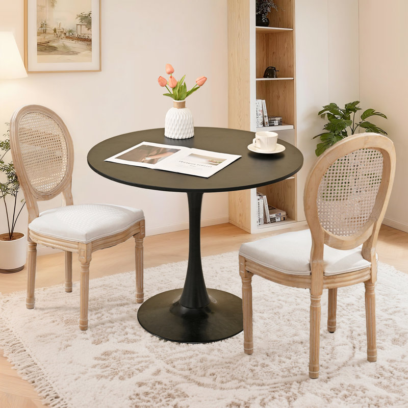 31.5" Tulip Round Dining Table And 2 Round-backed Dining Chairs Set, Beige, Black