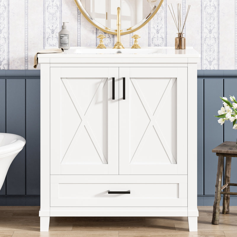 Meuble-lavabo moderne de 30 po avec lavabo simple, construction, portes doubles à fermeture en douceur, tiroir divisé, tablettes réglables en céramique de 30 po et plus, tablette à double couche
