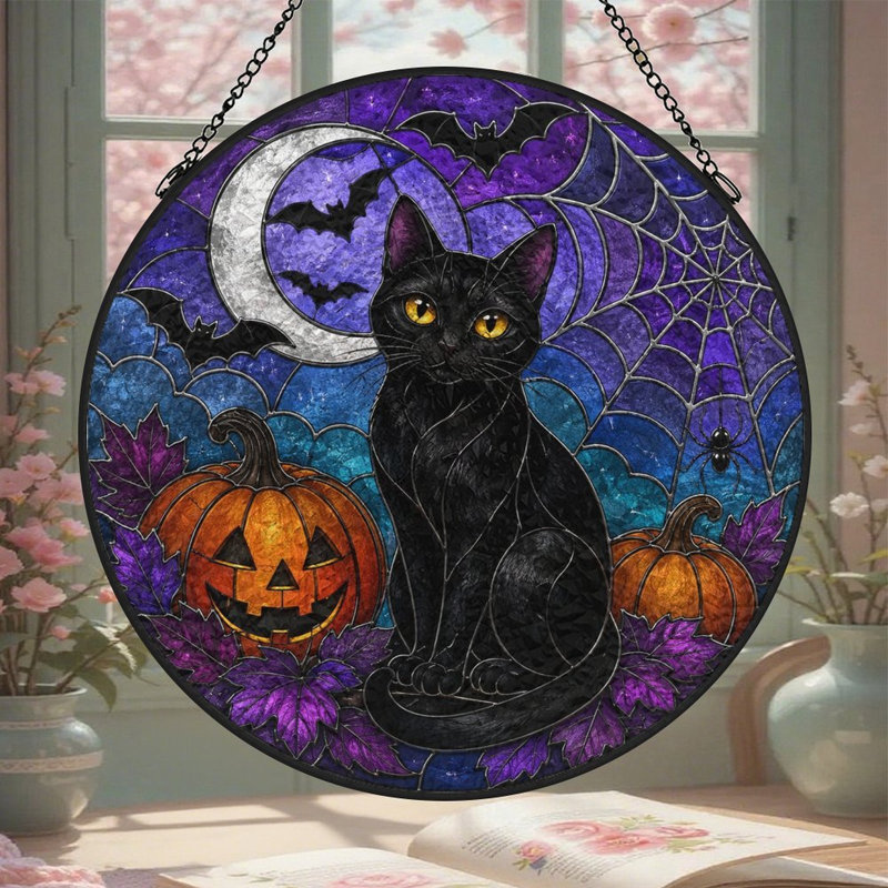 Chat en verre teinté Halloween pour fenêtre, 9,8 x 9,8 po (25 x 25 cm)