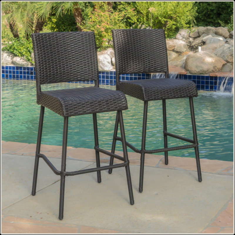 Ensemble de 2 tabourets de bar sans accoudoirs en rotin de plein air PE, Noir