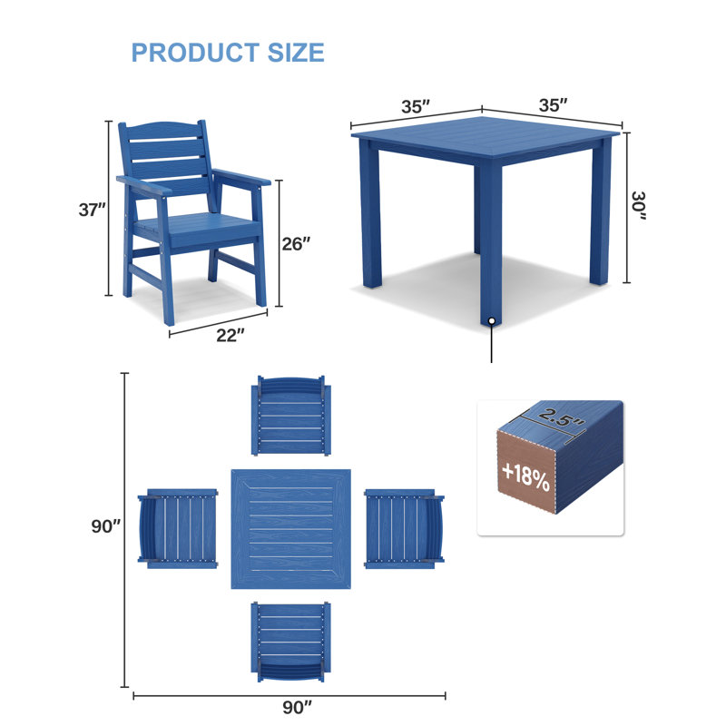 Patio Dining Set for 4 Person All Weather 5 Piece HIPS Outdoor Patio Table and Chairs Set with Aluminum Frame Plastic Outside Furniture for Backyard, Garden, Deck, Poolside, Blue