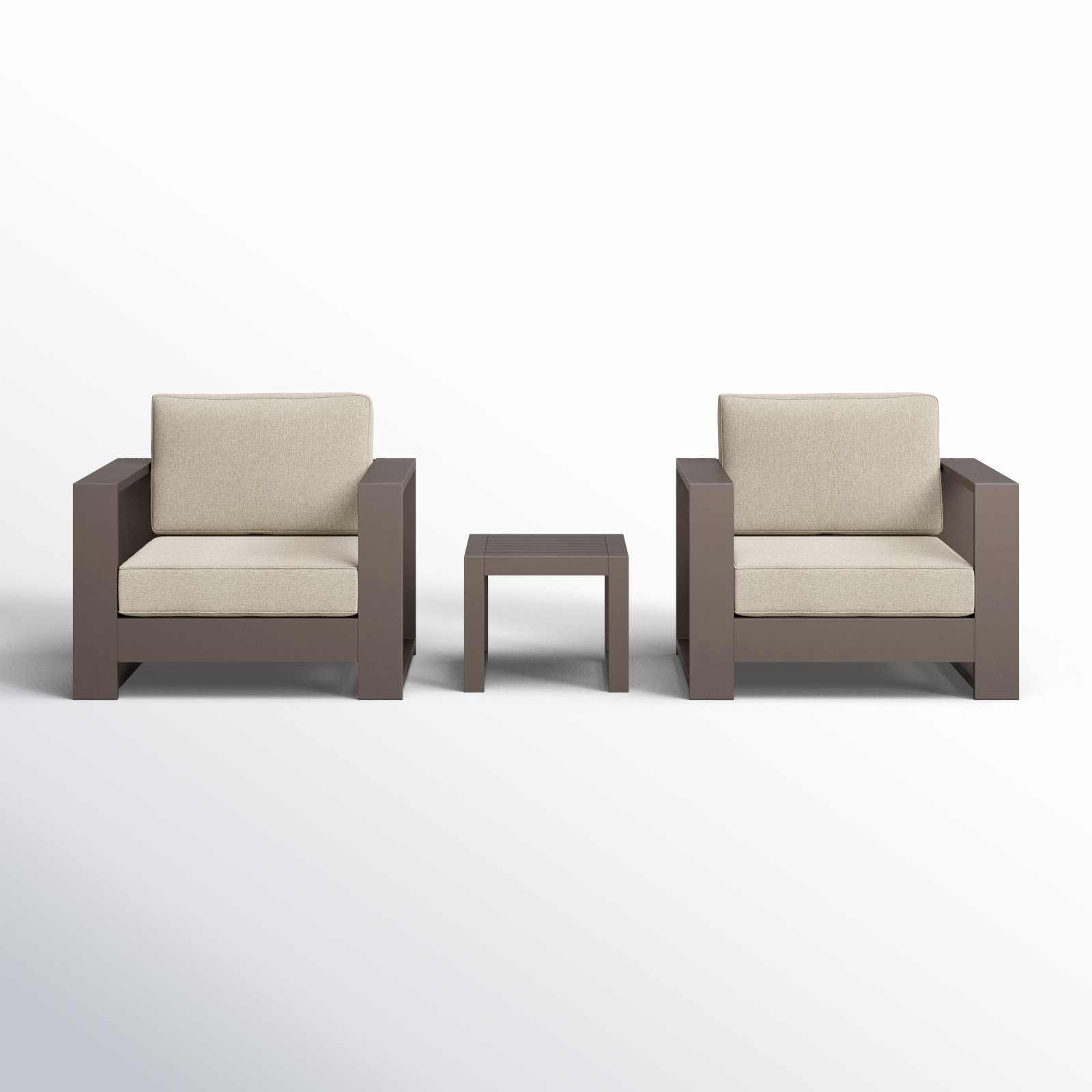 Hoyt Outdoor Aluminum Conversation Set with End Table, 3 Pcs: End Table, 2 Chairs, Khaki, Bronze