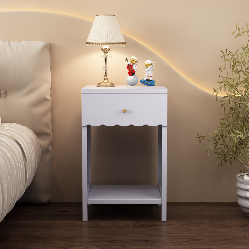Table de chevet mauve à tiroir moderne avec tablette ouverte, bordure festonnée pour espace de rangement «Room, Compact and Polyvalent Cute Design»