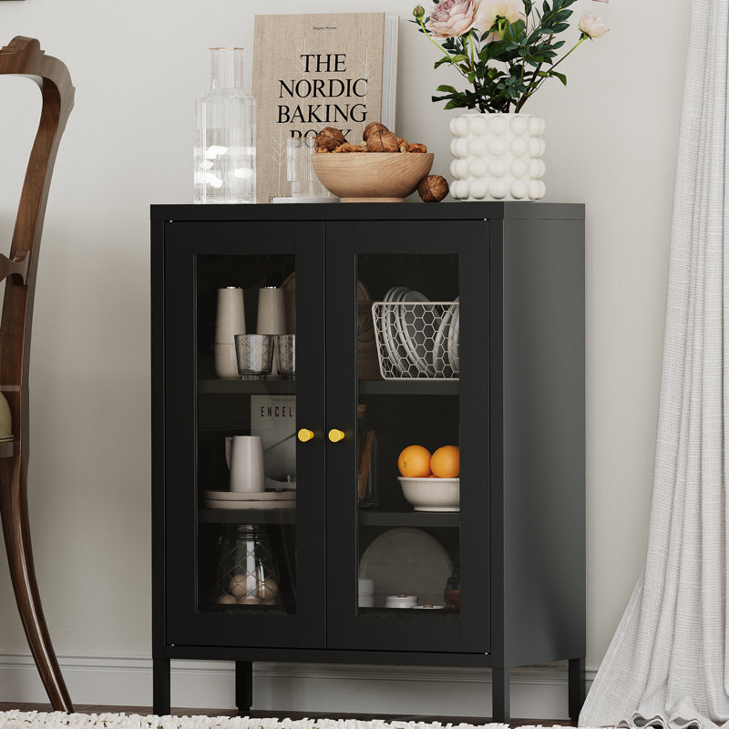 Metal Bathroom Floor Storage Cabinet With 2 Adjustable Shelves And 2 Glass Doors, Black, Black