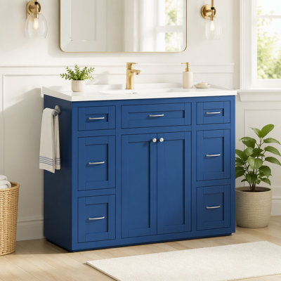 Meuble-lavabo 48 po avec lavabo en céramique - 6 tiroirs (3 de chaque côté), tiroir central rabattable, portes doubles à fermeture en douceur, porte-serviettes réversible, poignées argentées, panneau de fibres à densité moyenne