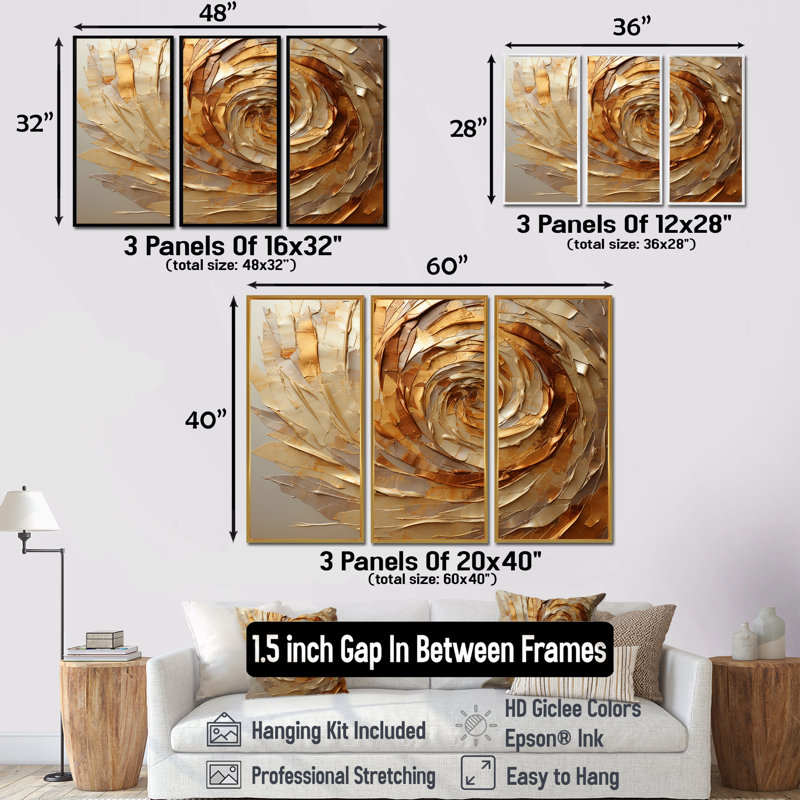 Brown Gilded Mocha Spiral - Abstract Spirals Canvas Wall Art Set, 32" H x 48" W x 1" D, Brown Floater Framed