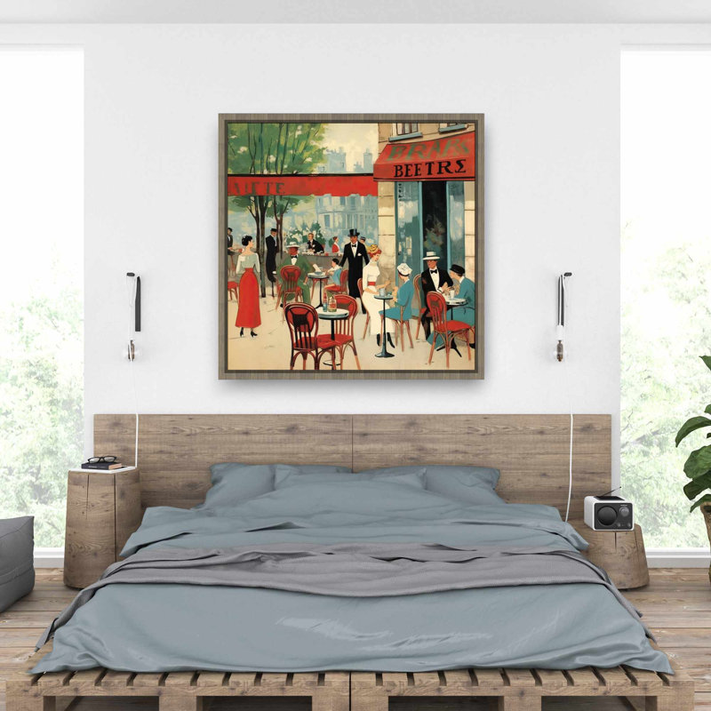 "Public cafe", toile illustrative encadrée beige