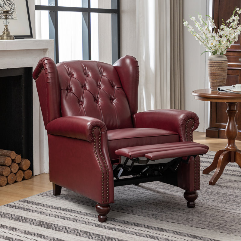 Almantas 31.5" W Genuine Leather Push-Back Recliner, Burgundy Genuine Leather