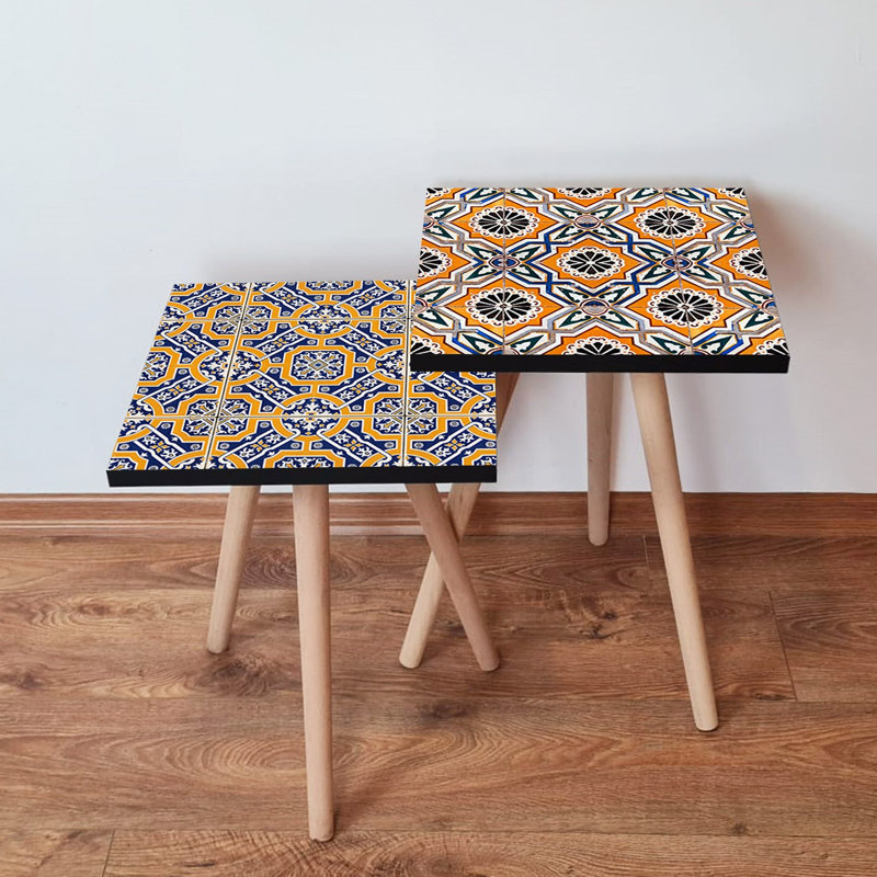 Stylish Nesting Table Set (2 Pieces), Ethnic Geometric Design, Navy Blue, Yellow, Green & White | 100% MDF with Beech Wood Legs | Bigger Table: 13.8 x 18.5 x 13.8 in, Smaller Table: 13.8 x 16.5 x 13.8 in | Perfect for Living Room & Home Décor