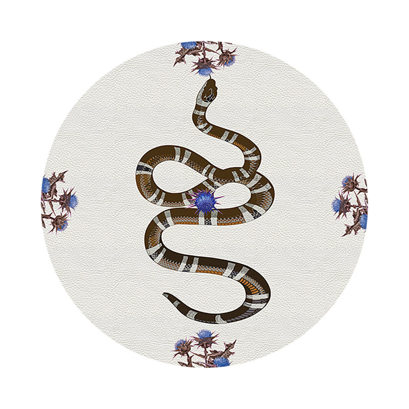 Thistle And Snake Pink Vegan Leather Round Coasters, Blue White
