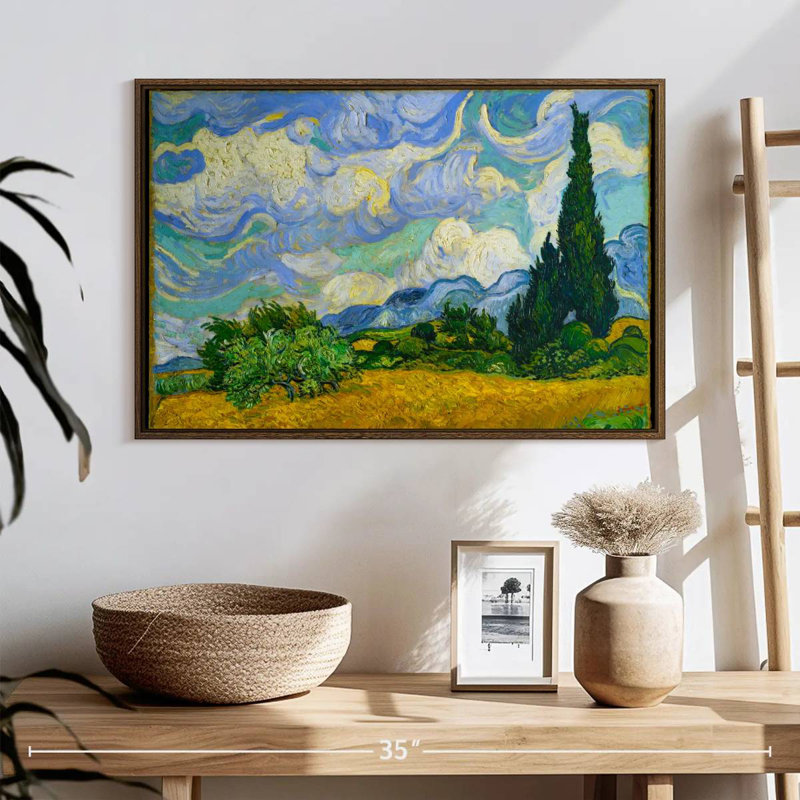 Champ de blé avec cyprès, 25 po x 17 po, Cadre flottant noyer