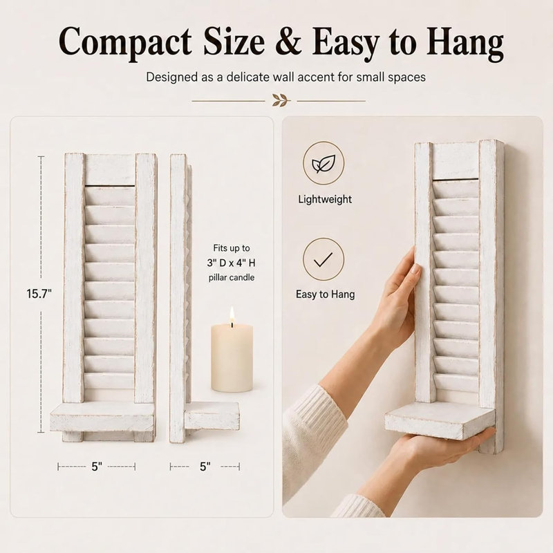 Ensemble de 2 bougeoirs muraux de style champêtre, décor de volets en bois blanc