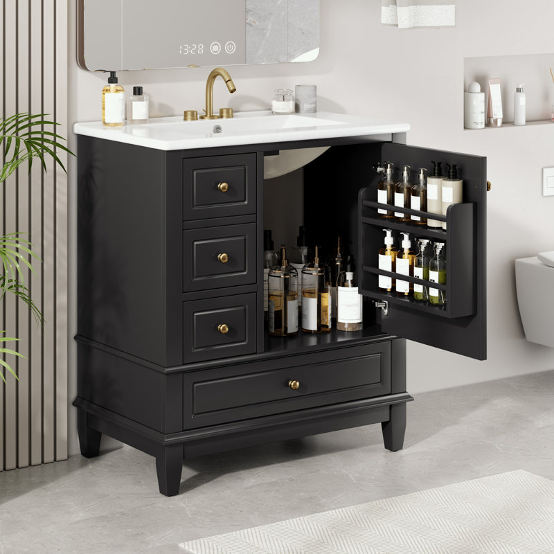 Meuble-lavabo de salle de bain avec lavabo, une porte avec tablette et trois tiroirs, Noir