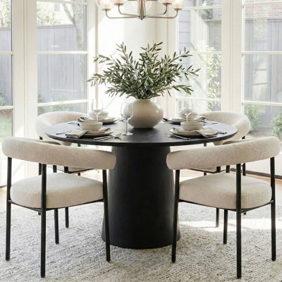 46"–83" Modern Extendable Dining Set With Convertible Round-To-Oval Table & Upholstered Bouclé Arm Chairs