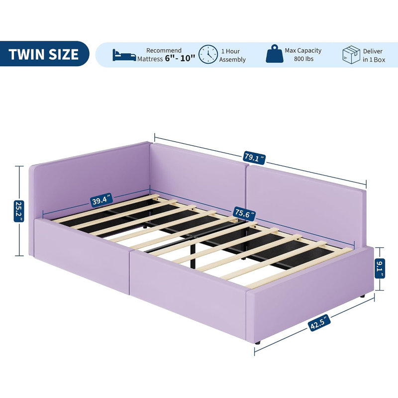 Lit double en velours avec tête de lit triple, barrières de sécurité et capacité de charge de 363 kg, canapé-lit rembourré pour enfants et invités